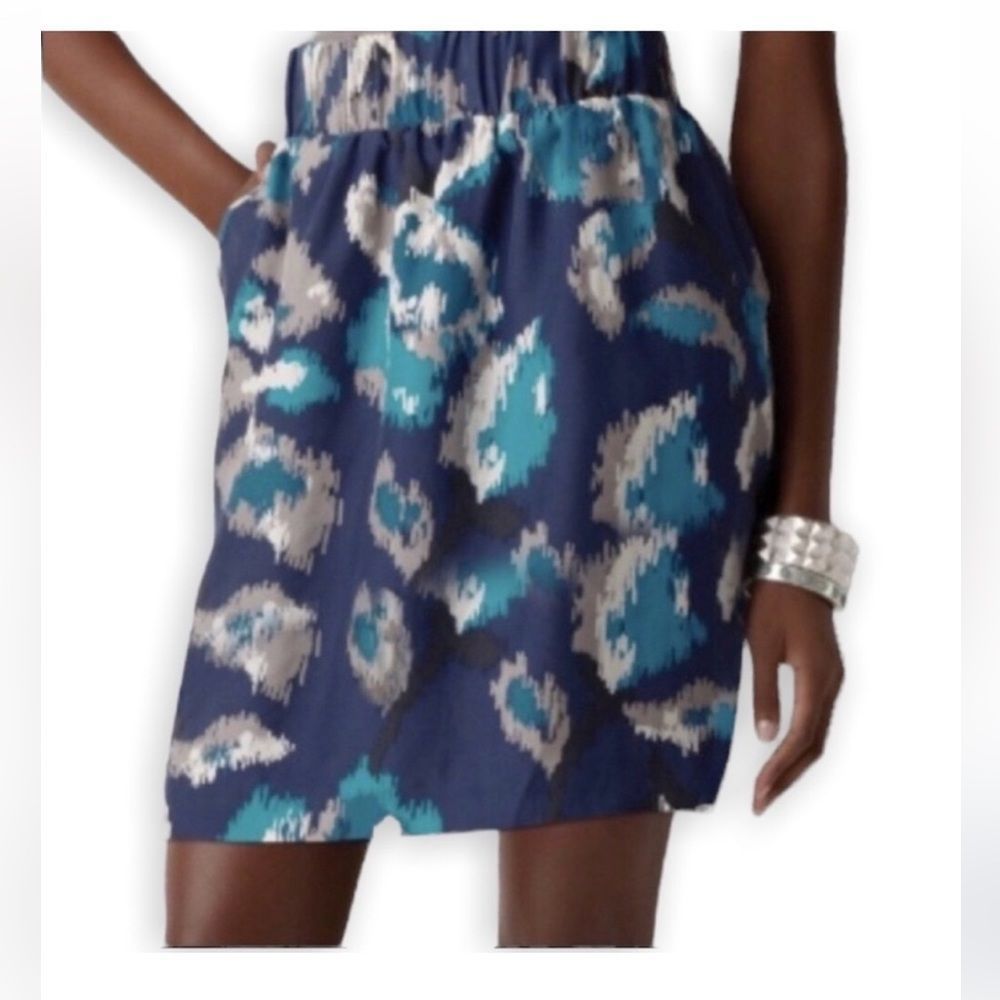 LOFT Silk Mini Skirt Blue Ikat Print Elastic Waist Casual Knee Length